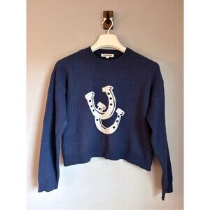 Vigoss Navy Horseshoe Intarsia Knit Cropped Western Graphic Sweater Size Large